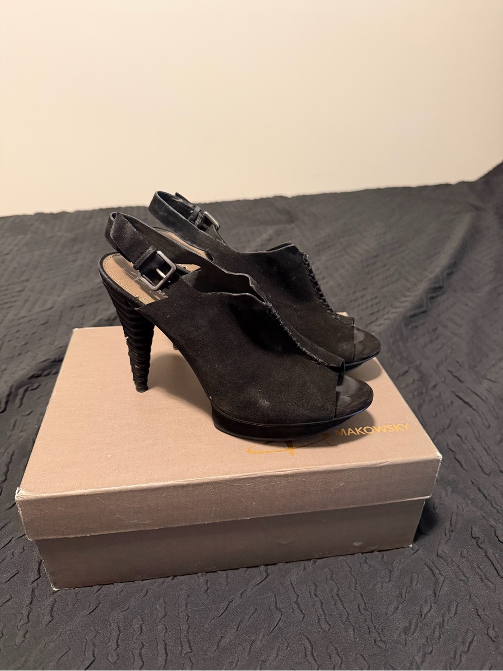 Black Suede Slingback Peep-Toe Heels